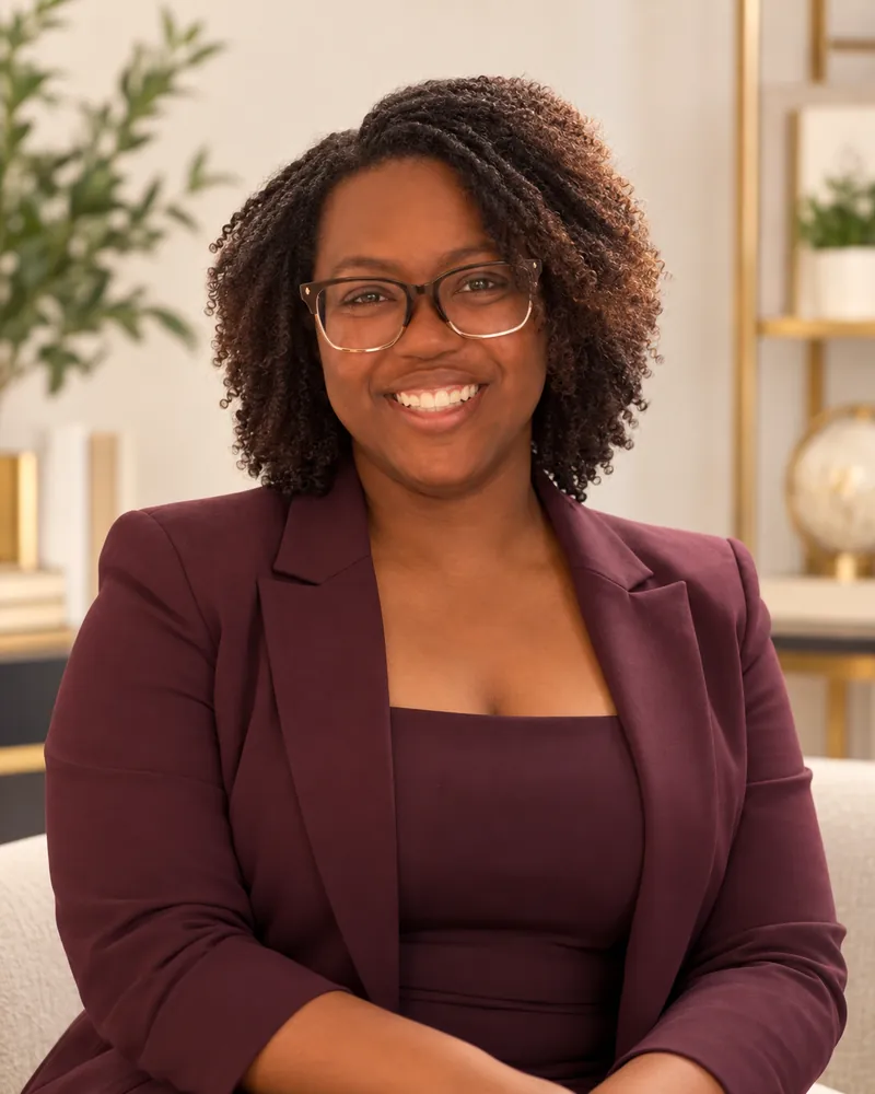 Kiandra, founder of Burr Necessities Tax, smiling in a bright, plant-filled room
